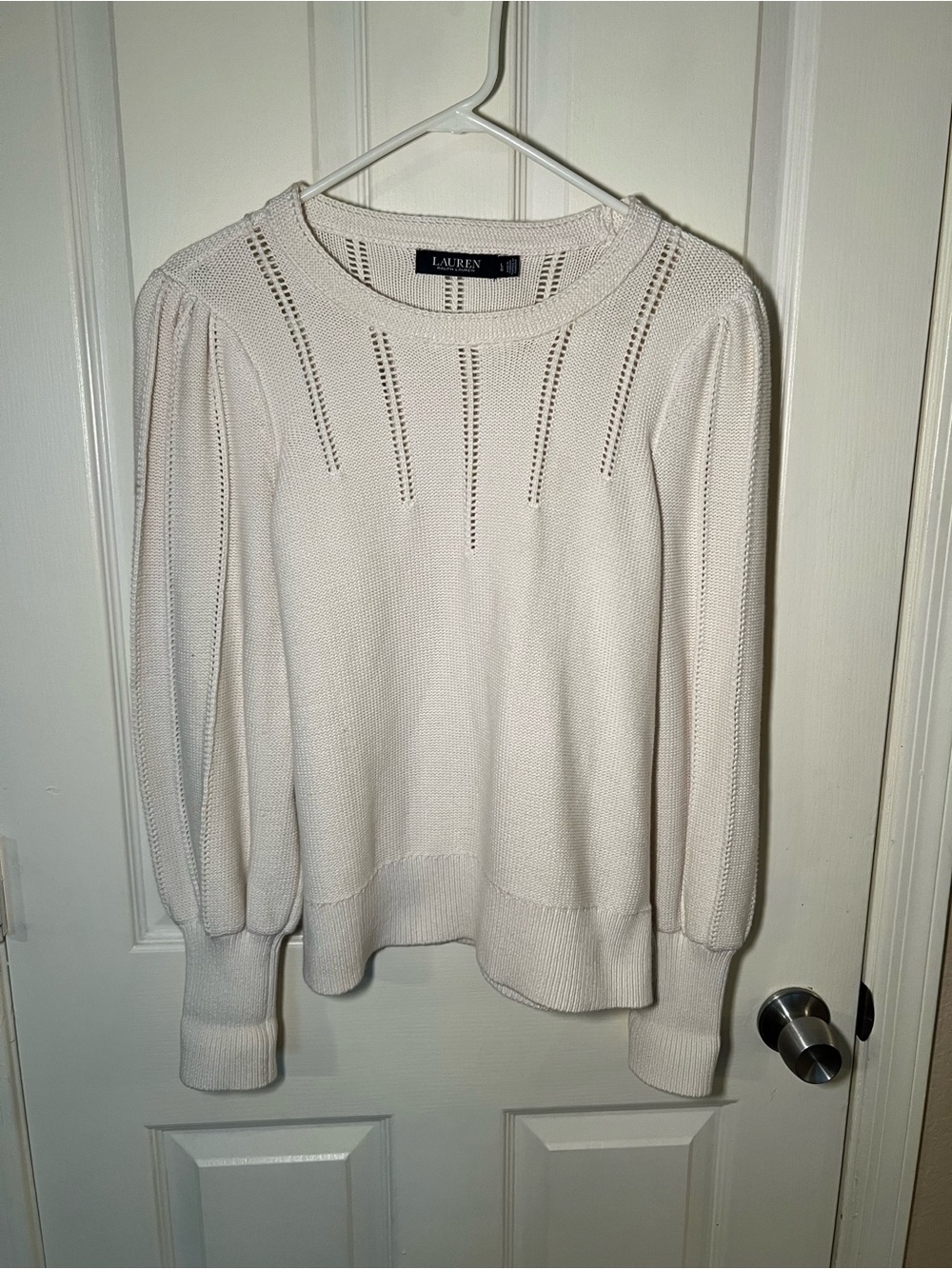 Lauren Ralph Lauren 100% Cotton Pointelle Puff Sleeve Cream Sweater Size Large